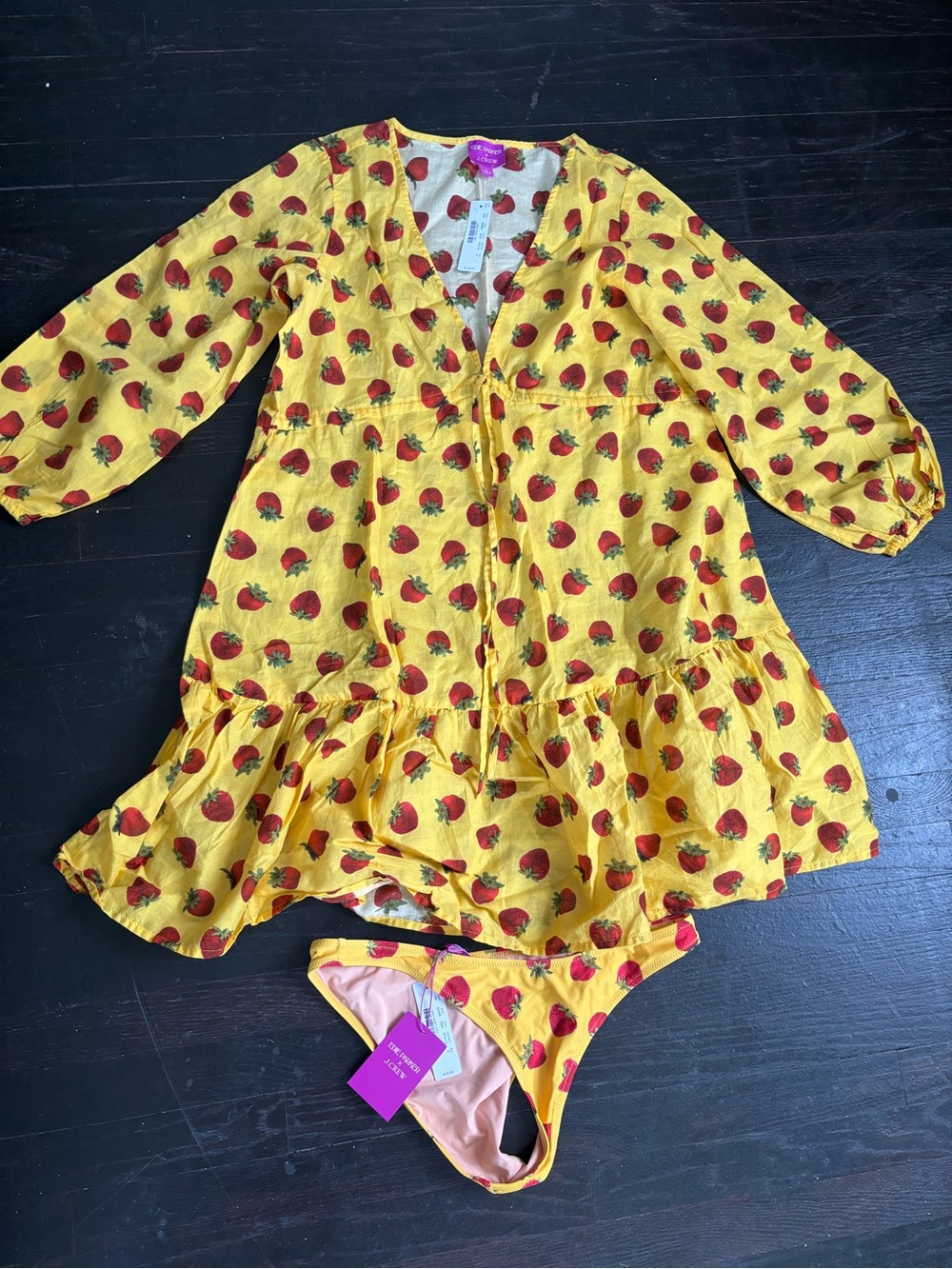 Jcrew X Edie Parker Yellow Strawberry Print cover up w/Matching Bikini bottom